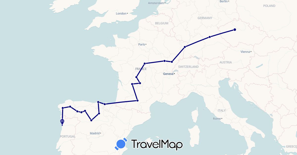 TravelMap itinerary: driving in Czech Republic, Germany, Spain, France, Portugal (Europe)